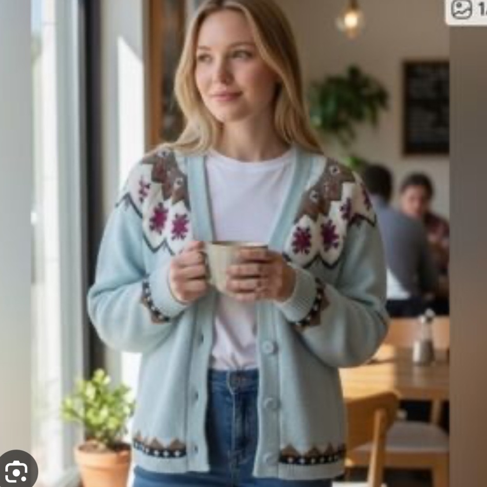 Bailey 44 Mint Blue Fair Isle Button-Front Cardigan with Pink Accents - Picture 5 of 5
